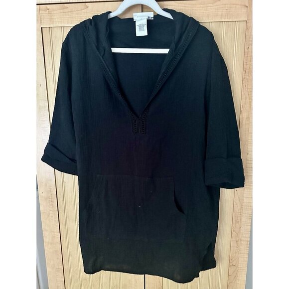 La Blanca Seaside Cotton Hoodie Gauzy Hooded Swim Cover Up Tunic Large Black - Picture 3 of 5